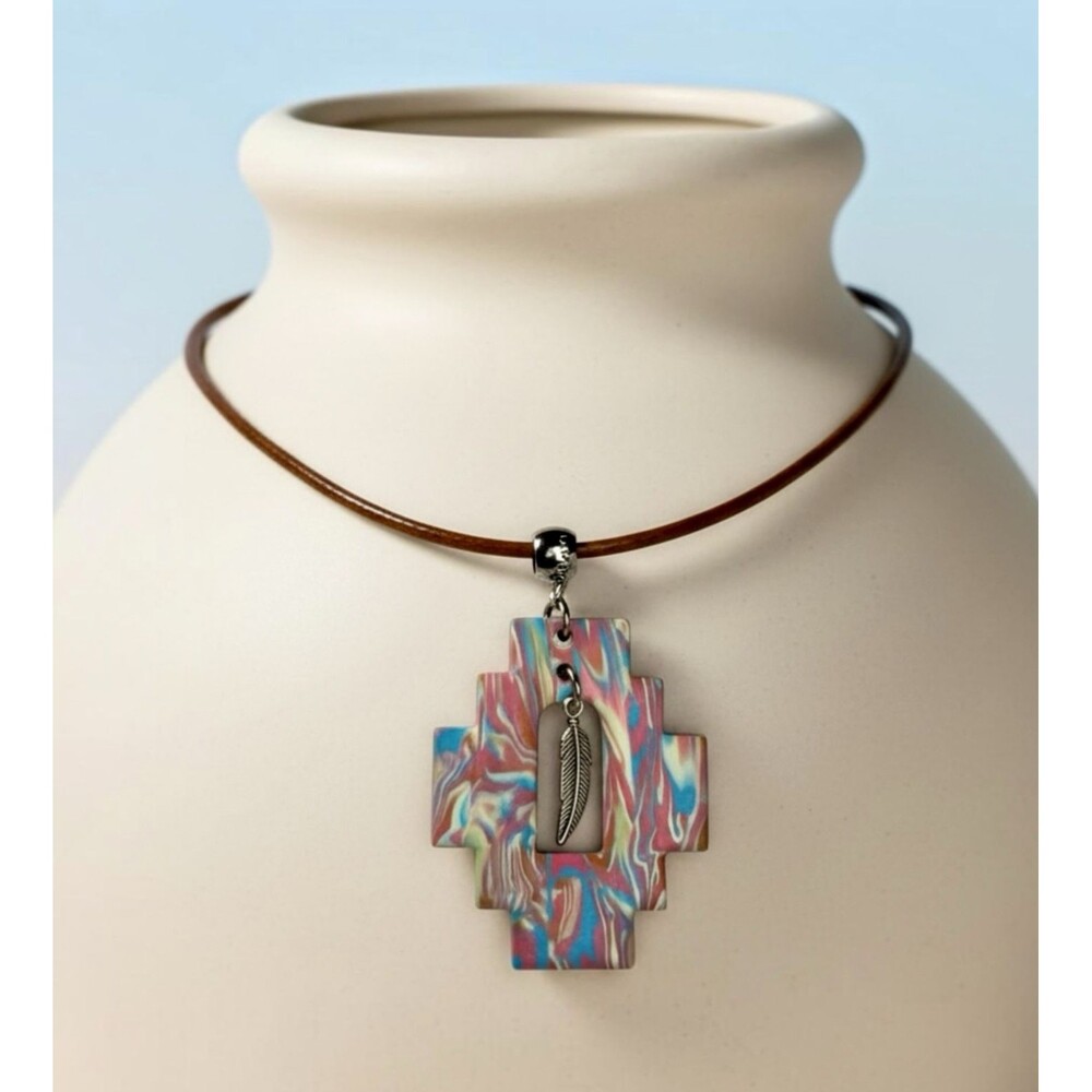 Southwest Aztec Sante Fe Stepped Cross Handmade Polymer Clay Pendant Necklace